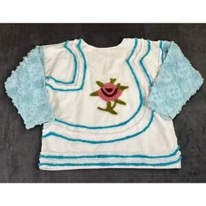 Upcycled Chenille Spread Blouse Salvaged Threads Textured Blue White Medium